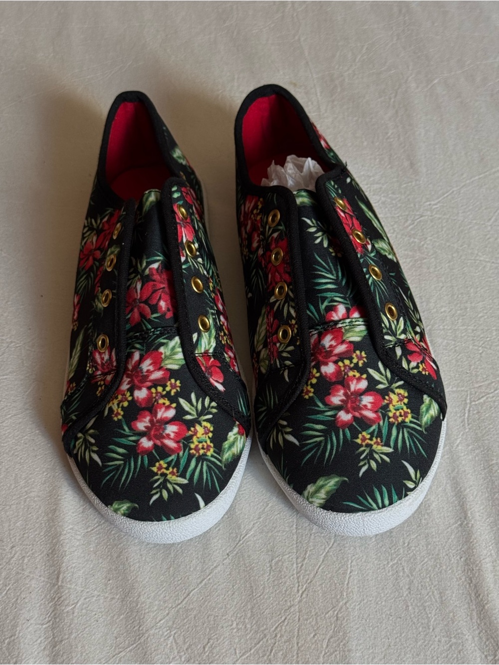 Avon Black Slip-On Sneakers with Red Floral Print